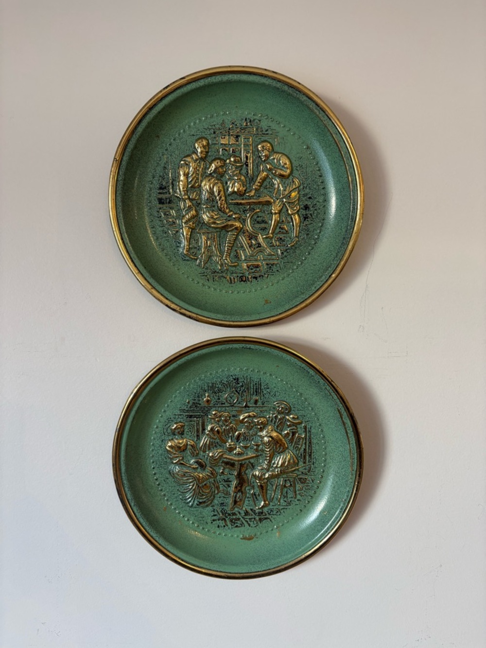 Decorative Green Relief Wall Plates with Gold Accents - Set of 2
